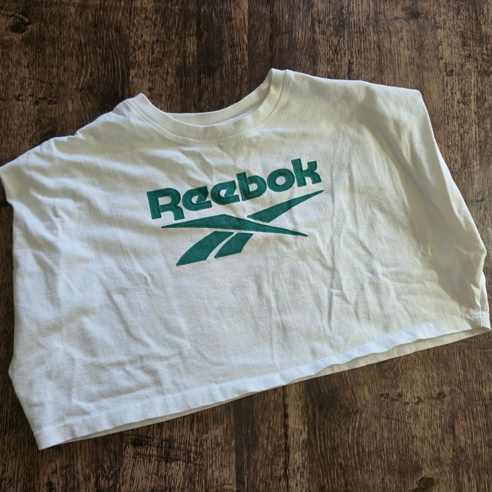 REEBOK Crop Top Womens Medium White Green Graphic Logo Muscle Tee Forever 21